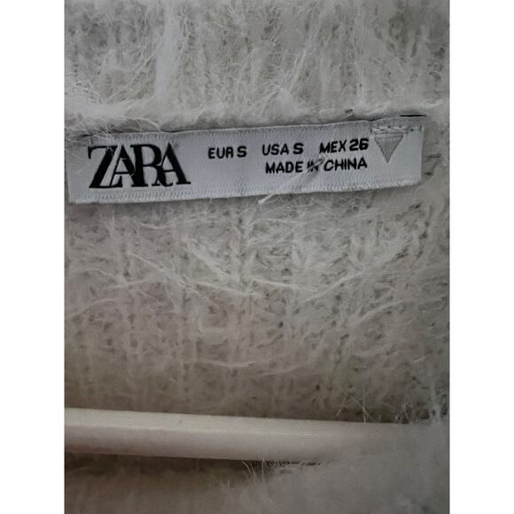 Zara Ivory Eyelash Faux Fur Cropped Knit Sweater Top Small Stretch - Picture 6 of 6